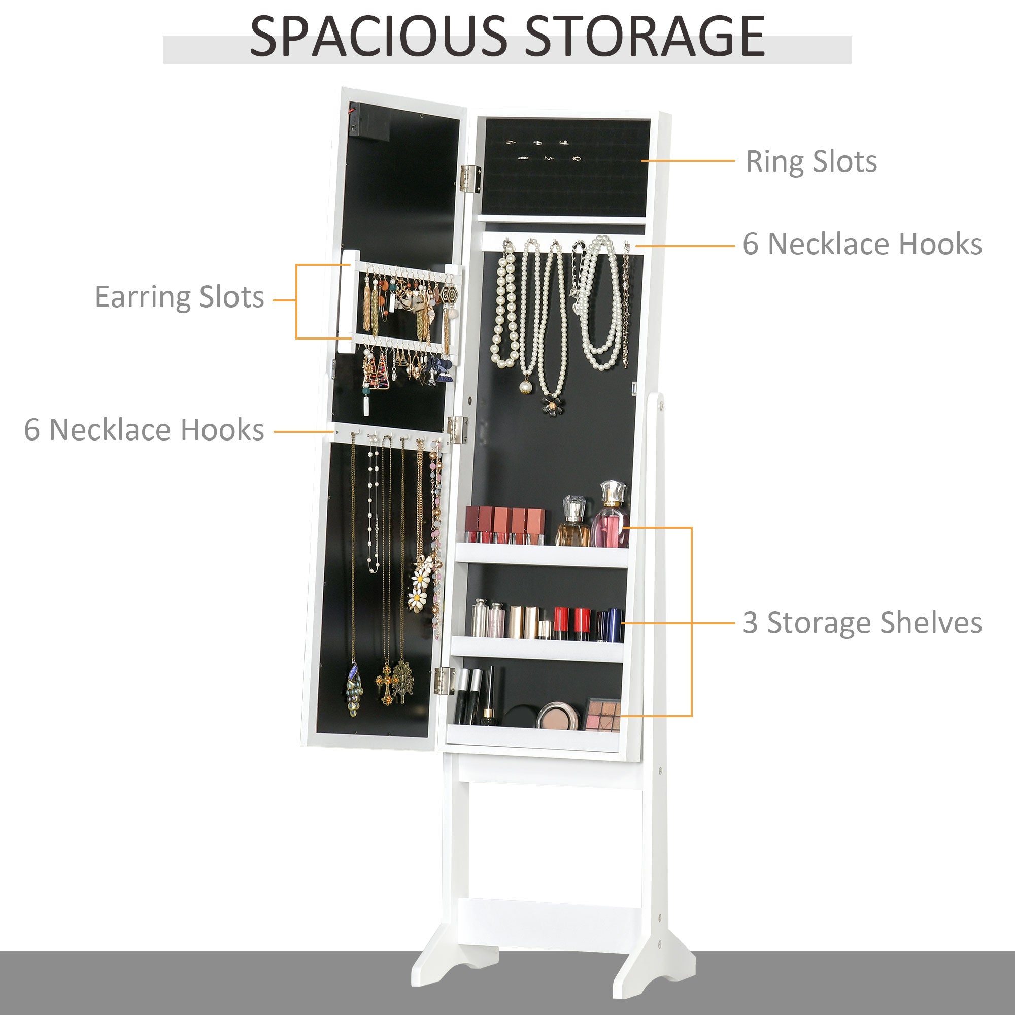 HOMCOM Free Standing LED Mirrored Jewelry Cabinet Armoire Floor Organiser W/ 3 Angle Adjustable For Rings Earrings Bracelets Cosmetics Warm White 