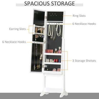 HOMCOM Free Standing LED Mirrored Jewelry Cabinet Armoire Floor Organiser W/ 3 Angle Adjustable For Rings Earrings Bracelets Cosmetics Warm White 