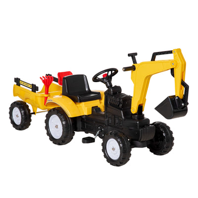 HOMCOM Kids Ride-On Construction Car, with Horn and Detachable Trailer - Yellow 