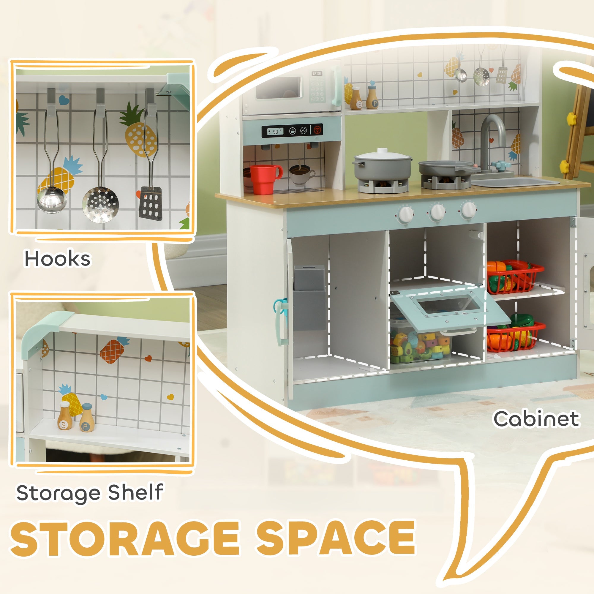 AIYAPLAY Toy Kitchen, Pretend Role Play Kitchen with Hob, Sound and Light, Coffee Machine, Ice Maker, Microwave 