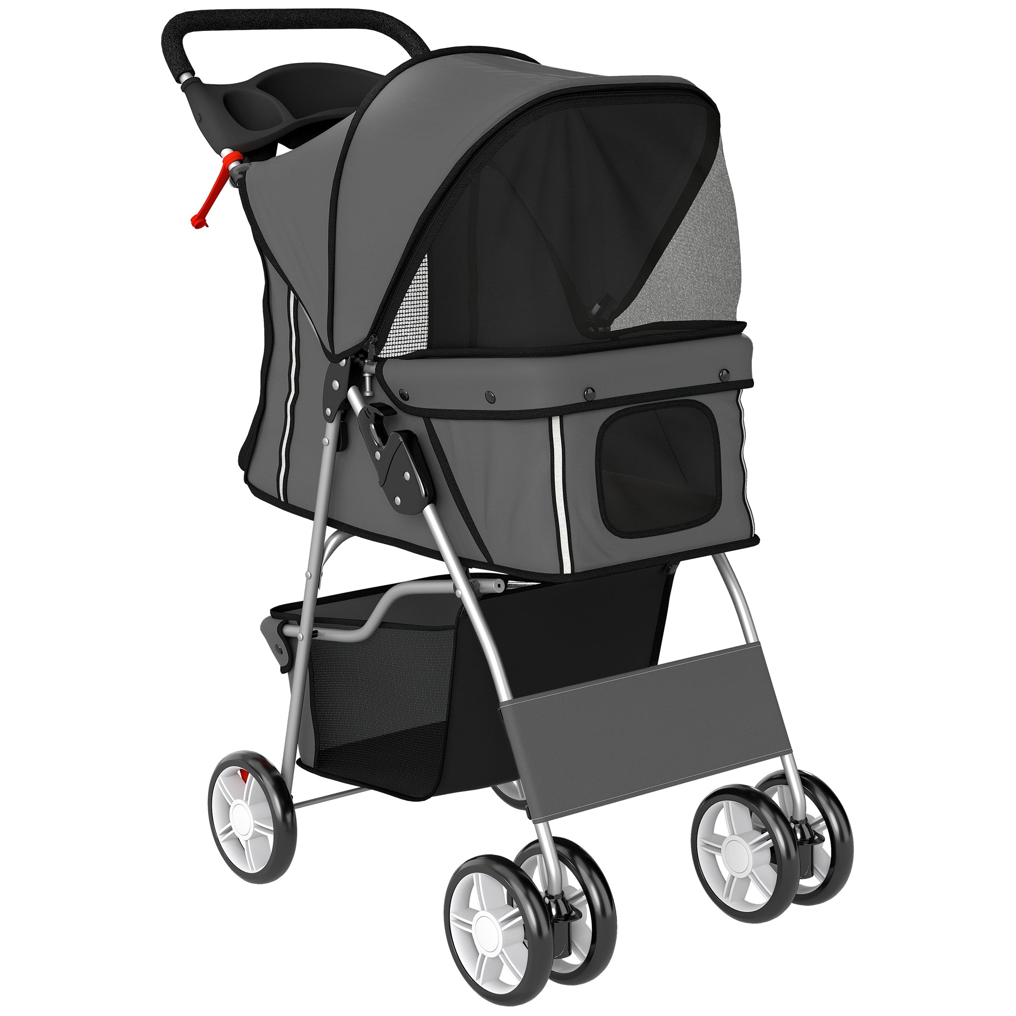 PawHut Dog Pram, Pet Stroller with Reflective Strips, Foldable Cat Stroller with 360° Swivel Wheels, Dark Grey 