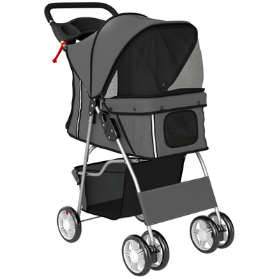 PawHut Dog Pram, Pet Stroller with Reflective Strips, Foldable Cat Stroller with 360° Swivel Wheels, Dark Grey 
