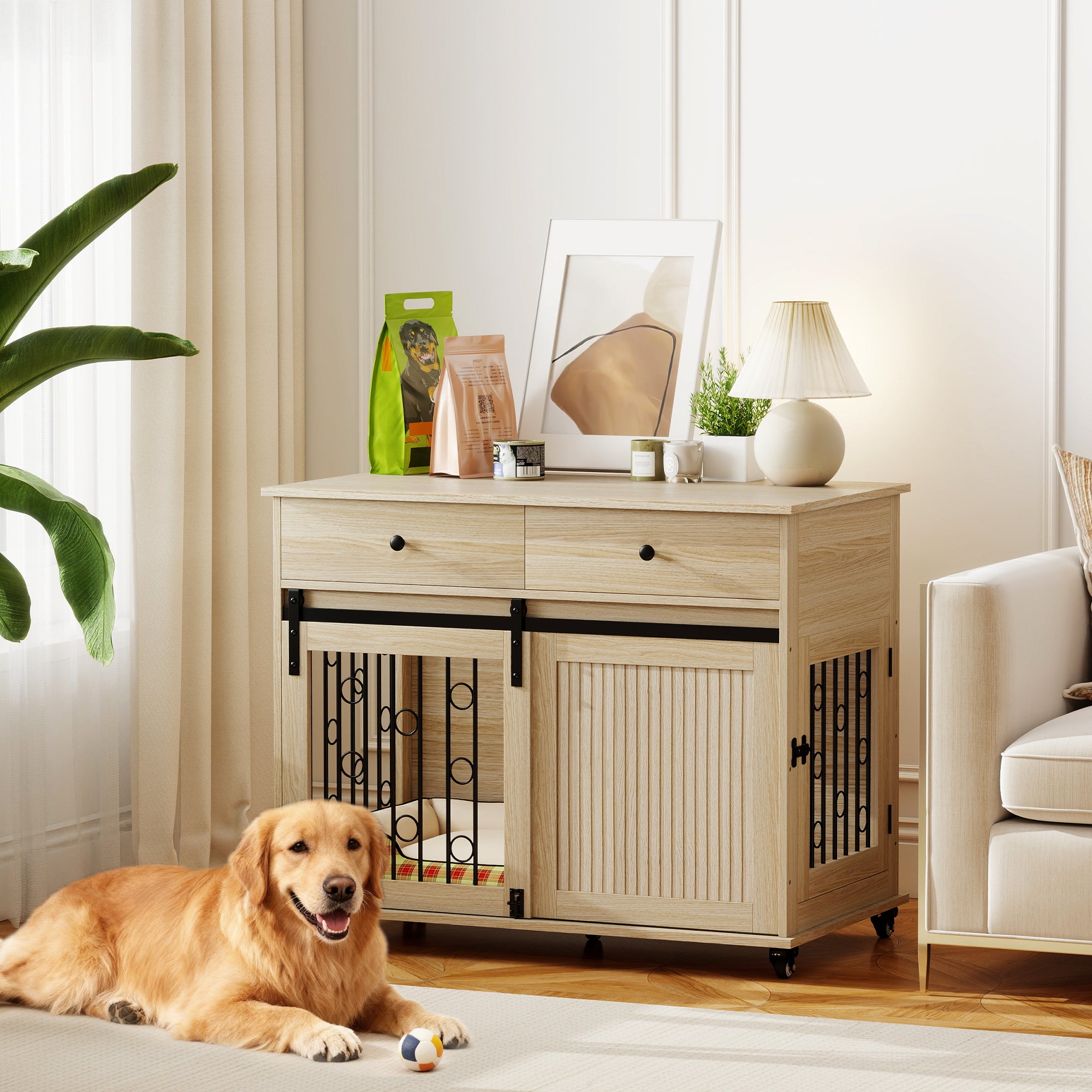 PawHut Dog Crate Furniture on Wheels, Dog Cage with 2 Drawers, Sliding Door, for Medium Large Dogs, Oak Tone 