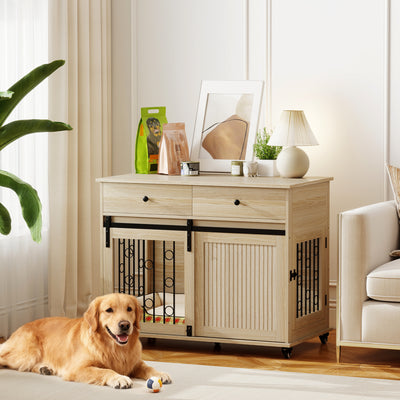 PawHut Dog Crate Furniture on Wheels, Dog Cage with 2 Drawers, Sliding Door, for Medium Large Dogs, Oak Tone 