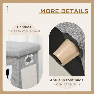 PawHut 2 in 1 Cat Bed Ottoman, Comfortable Cat Sleeping Cave House w/ Removable Cushion, Scratching Pad, Handles, Anti-Slip Foot Pad, Toy Ball, Entrance - Grey 