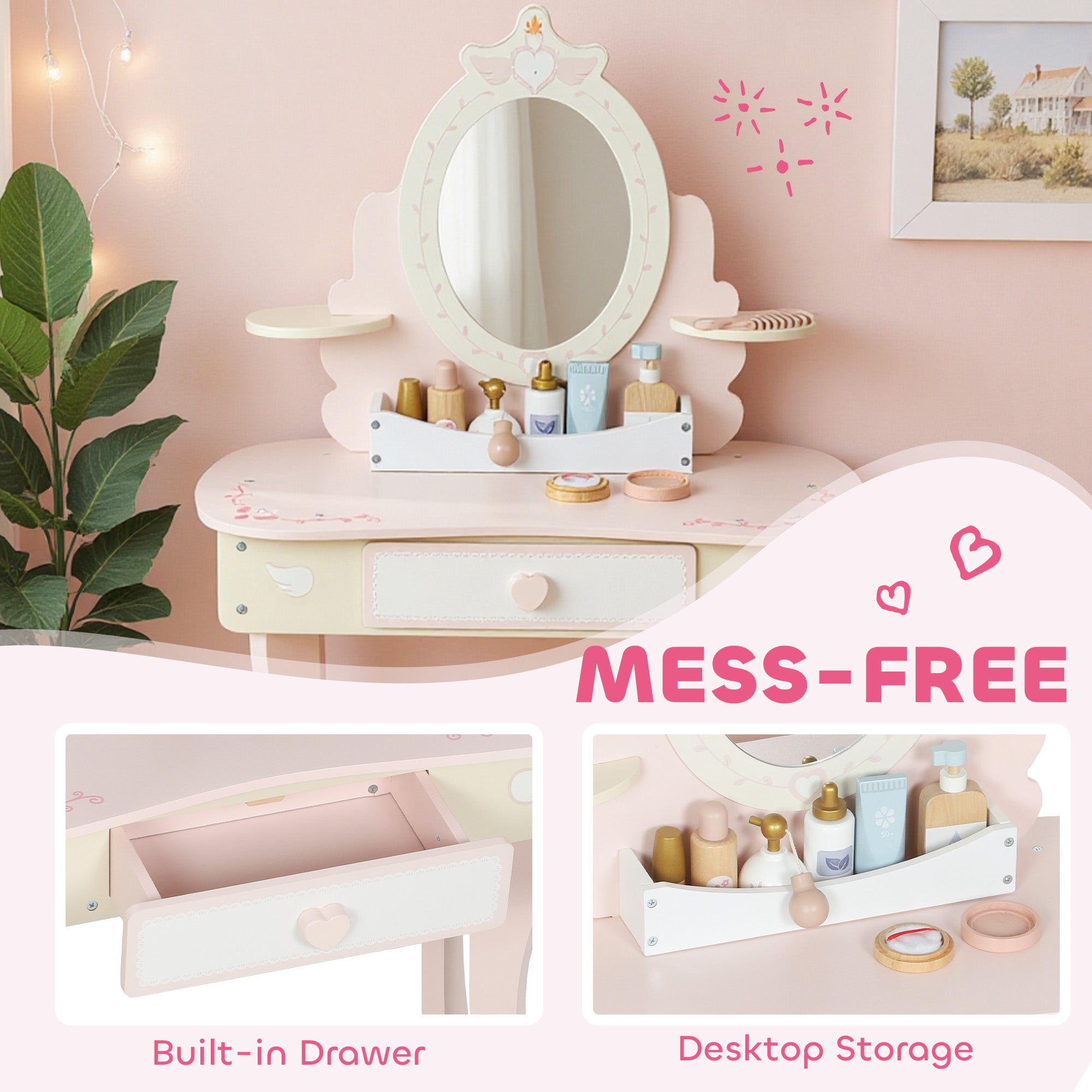 AIYAPLAY Kids Dressing Table, Girls Vanity Set with Mirror and Stool, 7 Play Accessories, Drawer, Desktop Storage, Pink 