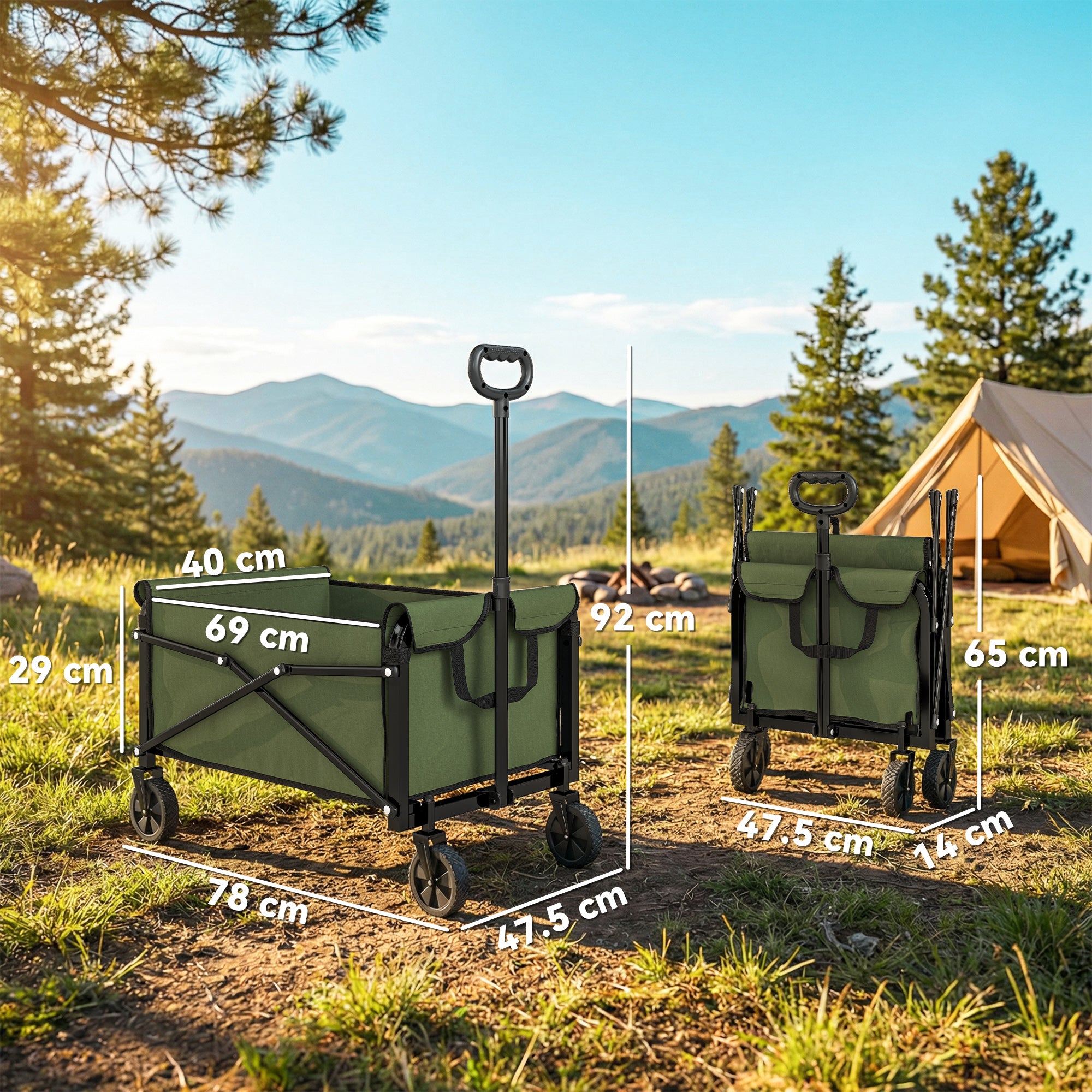 Outsunny 81L Festival Trolley on Wheels, Compact Garden Folding Trolley Cart with Adjustable Handle 80L Green 