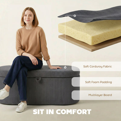 HOMCOM Storage Ottoman, Corduroy Upholstered Ottoman Storage Box with Padded Seat, 105 x 51 x 49 cm, Dark Grey 