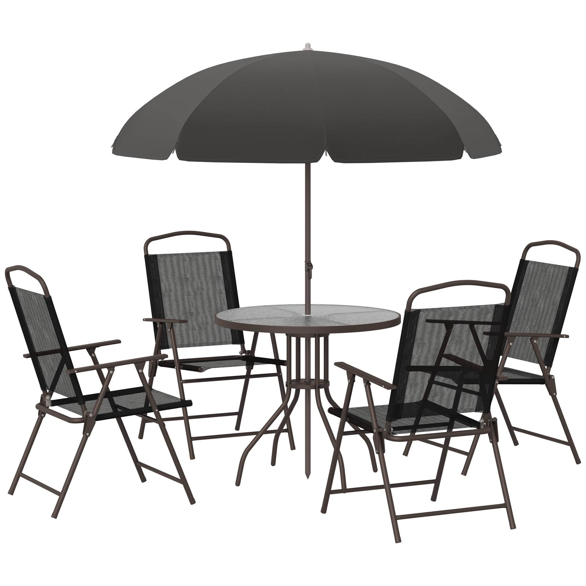 Outsunny 6 Piece Garden Dining Set with Umbrella, Patio Sets with Parasol with 4 Folding Dining Chairs & Round Tempered Glass Table, Black 