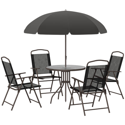 Outsunny 6 Piece Garden Dining Set with Umbrella, Patio Sets with Parasol with 4 Folding Dining Chairs & Round Tempered Glass Table, Black 