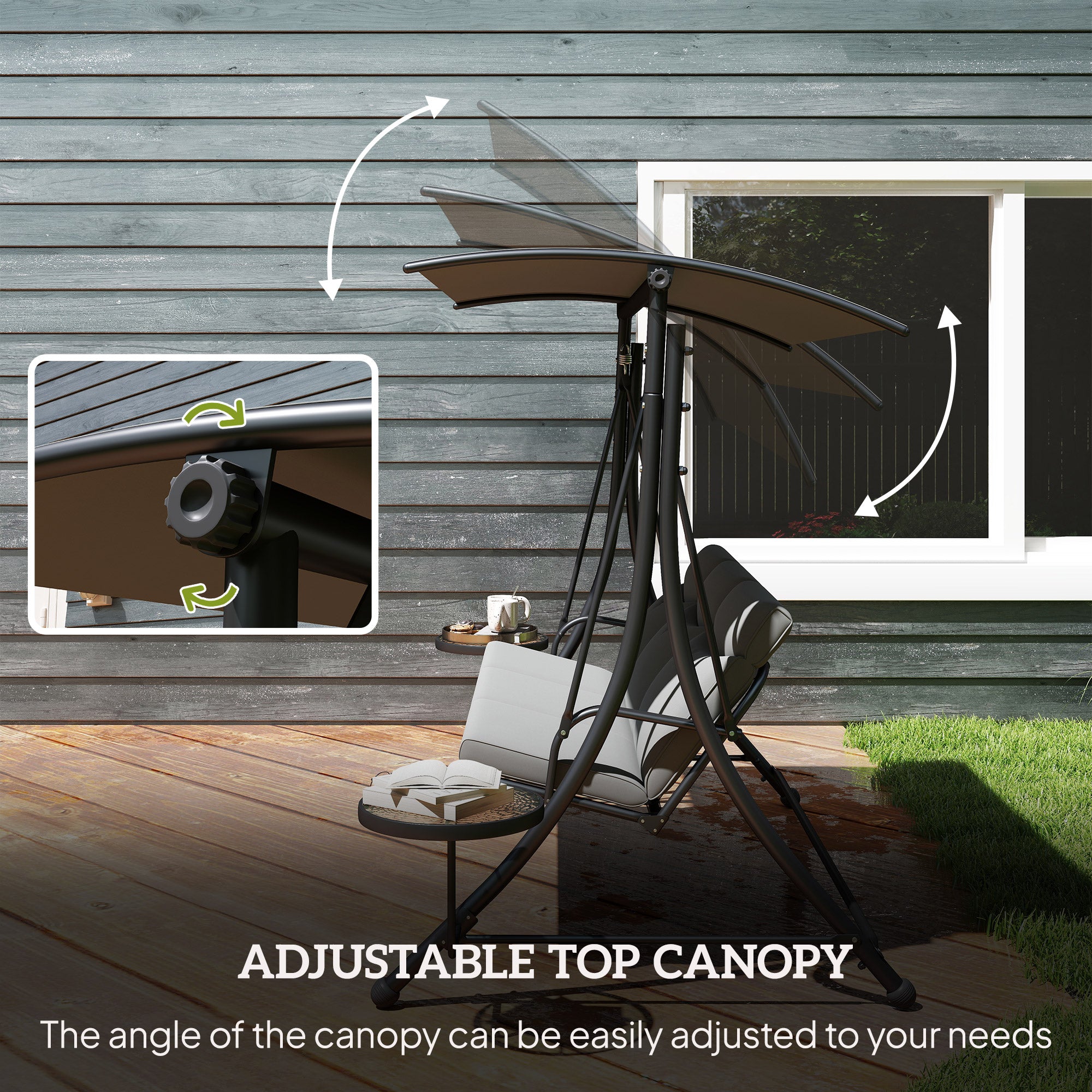 Outsunny 3 Seater Garden Swing Chair with Adjustable Canopy, Cushion and Coffee Tables for Outdoor Dark Grey