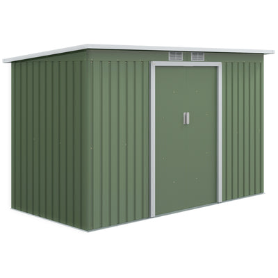 Outsunny 9ft x 4ft Metal Garden Shed, Outdoor Tool House with Foundation Kit, Ventilations and Double Doors, Light Green 