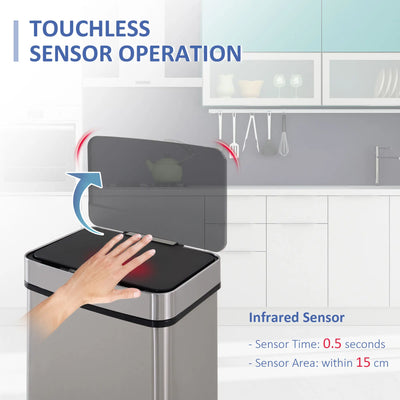 HOMCOM 72L Recycling Sensor Bin Stainless Steel 3 Compartments For Both Wet/Dry Waste w/Removable Lid Kitchen Home 