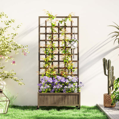 Outsunny Wooden Trellis Planter, Raised Garden Bed with Wheels, to Climb and Grow Vegetables, Herbs and Flowers, Brown 