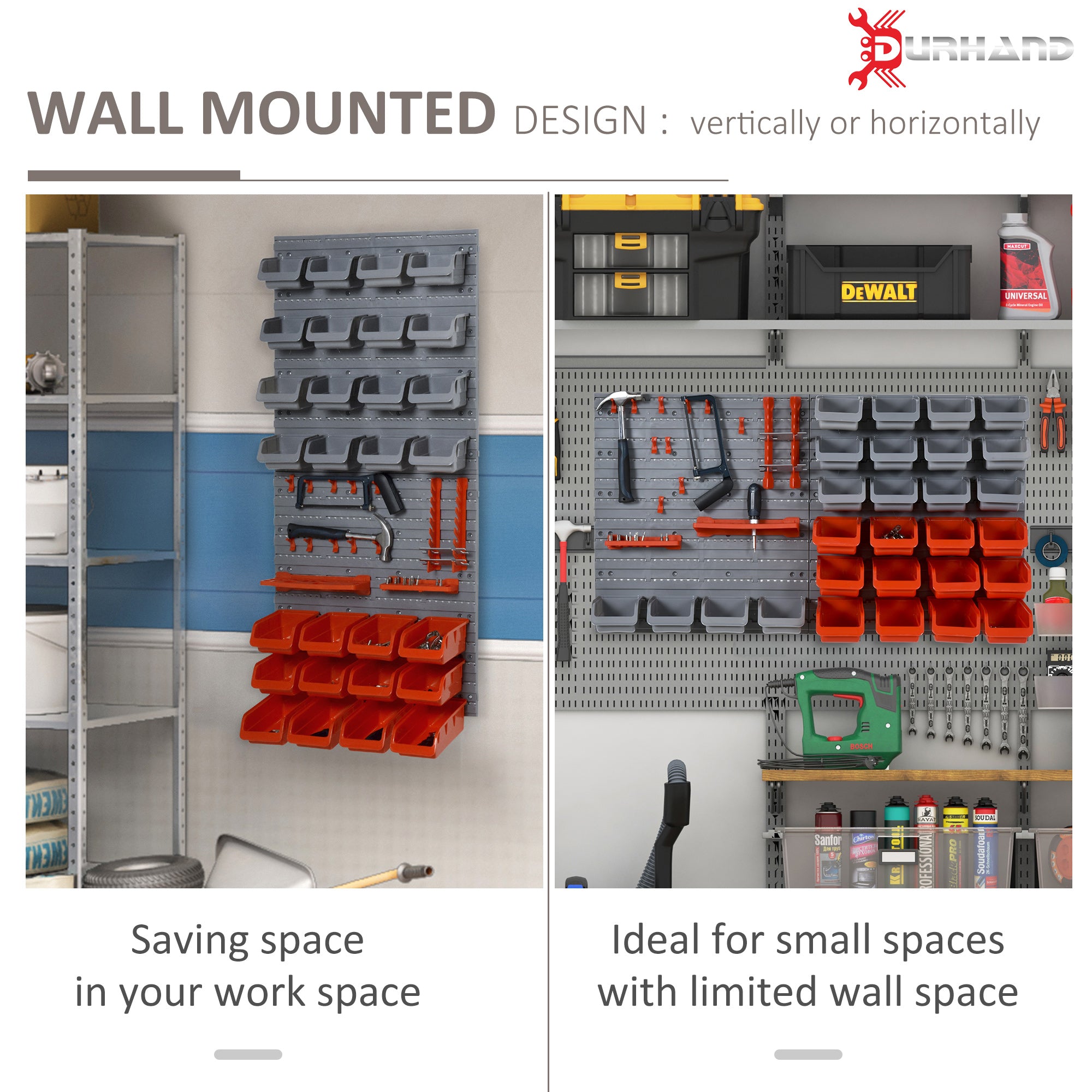 DURHAND 44 Piece Wall Mounted Tool Rack Organiser Storage Bins and Panel Set with Shelf Hook Screws Accessories Red 