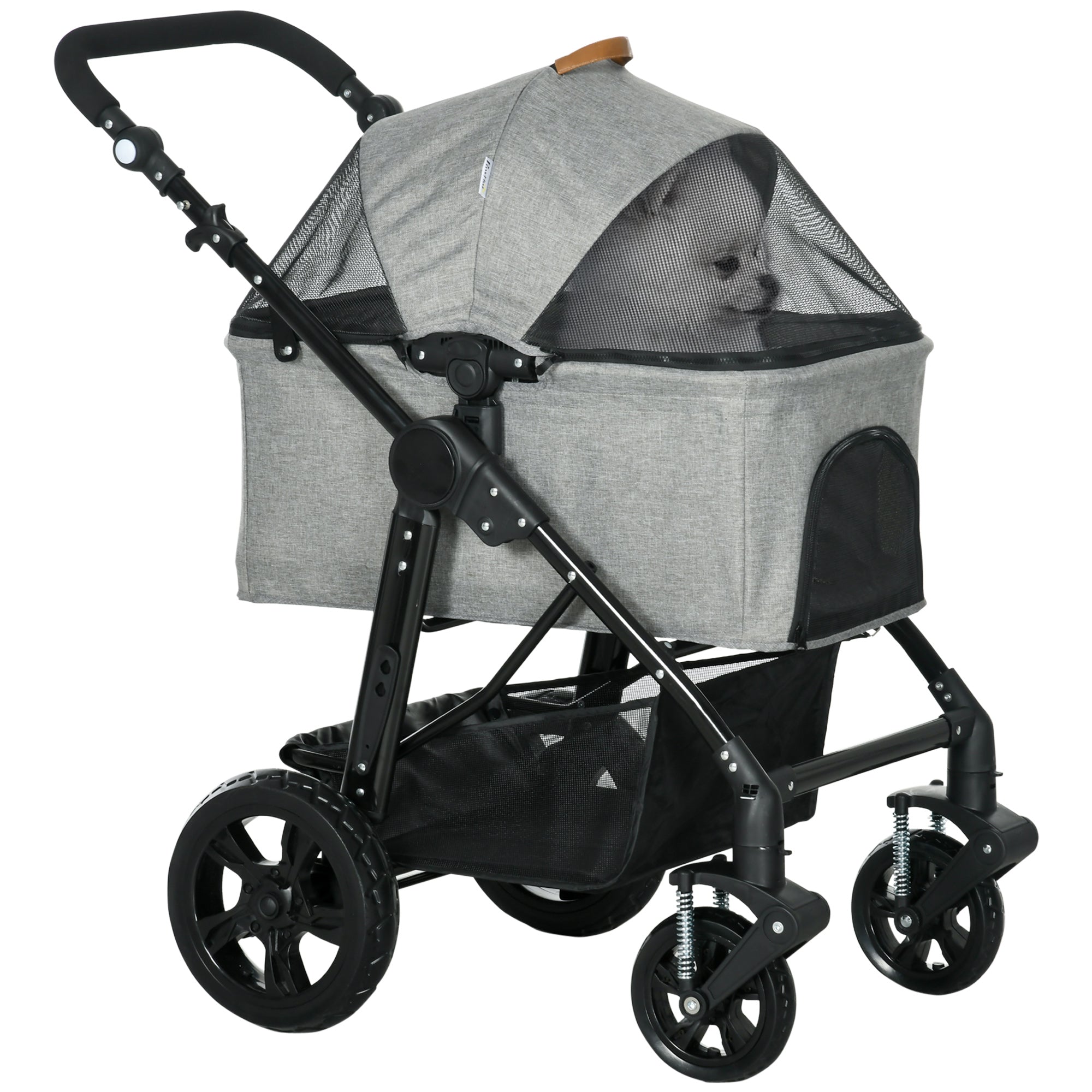 PawHut Dog Pram Pet Stroller for Small Dogs Cats, Foldable Dog Pushchair Trolley with Detachable Pet Carrier Bag, Shock Absorber, Adjustable Handlebar, Grey 
