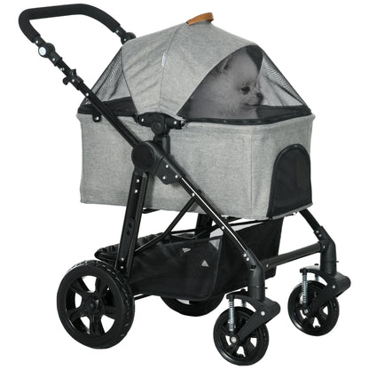 PawHut Dog Pram Pet Stroller for Small Dogs Cats, Foldable Dog Pushchair Trolley with Detachable Pet Carrier Bag, Shock Absorber, Adjustable Handlebar, Grey 