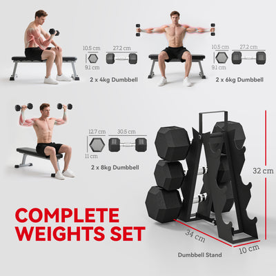 SPORTNOW Hex Dumbbell Set with Weights Storage Rack, Rubber Coated Dumbbells, Non-Slip Chrome Handles, Space-Saving for Home Gym Weight Lifting Strength Training, 2 x 2kg, 2 x 5kg, 2 x 8kg 