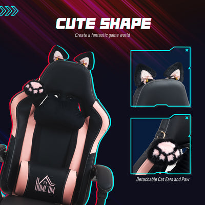 HOMCOM Cat Ear and Paw Reclining Office Chair, with Footrest - Black/Pink 