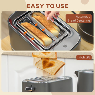 HOMCOM Kettle and Toaster Set, 1.7L 3000W Fast Boil Kettle & 2 Slice Toaster Kitchen Set with 6 Level Browning Controls, Defrost, Reheat, Grey 