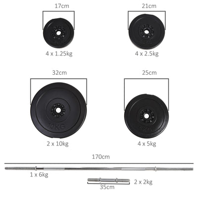 HOMCOM Dumbbell and Barbell Set with 65kg Adjustable Barbell Weights Set, for Home Gym - Black 