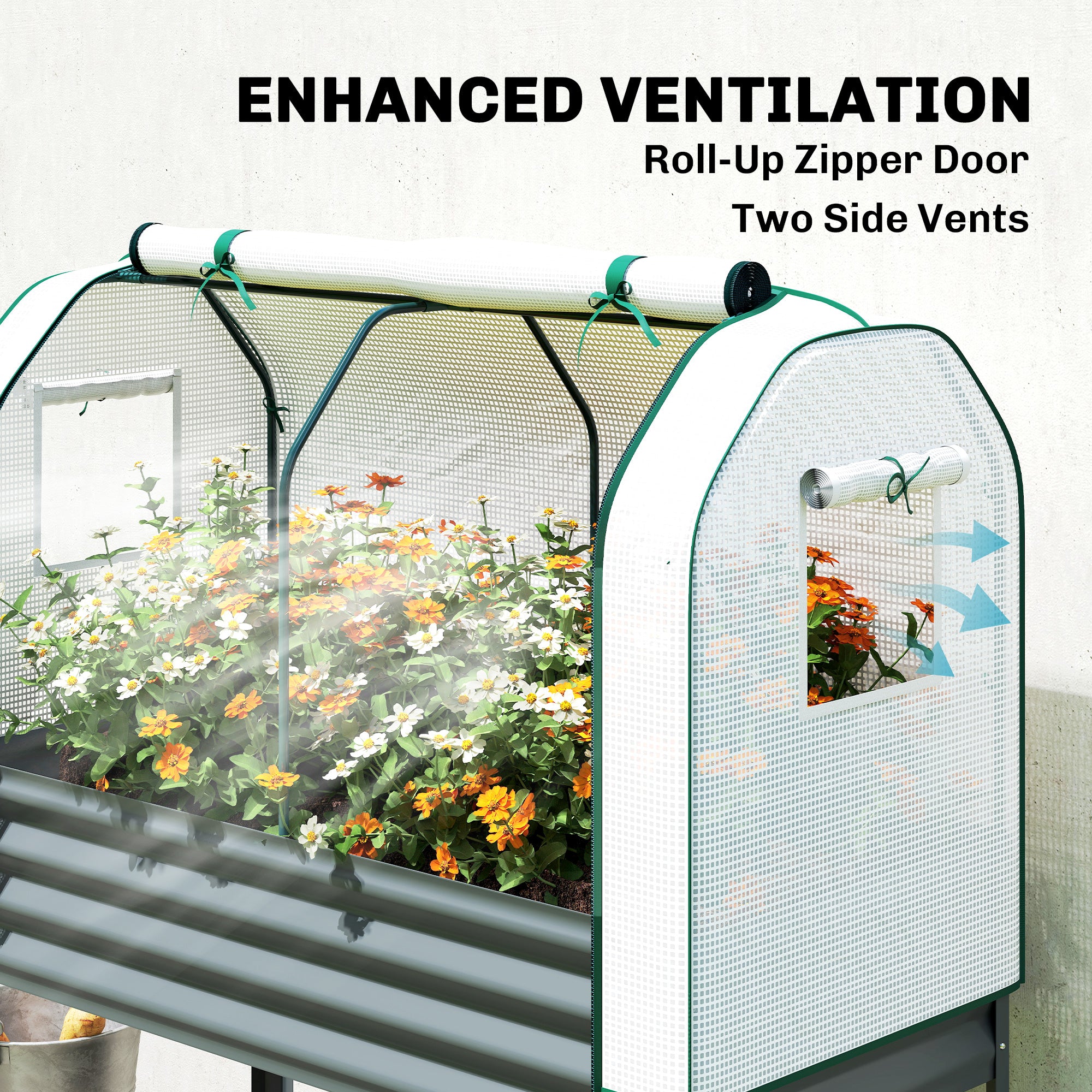 Outsunny Galvanised Raised Planter with Greenhouse Cover, Metal Raised Garden Bed on Legs with Bed Liner and Bottom Shelf 
