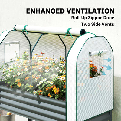 Outsunny Galvanised Raised Planter with Greenhouse Cover, Metal Raised Garden Bed on Legs with Bed Liner and Bottom Shelf 