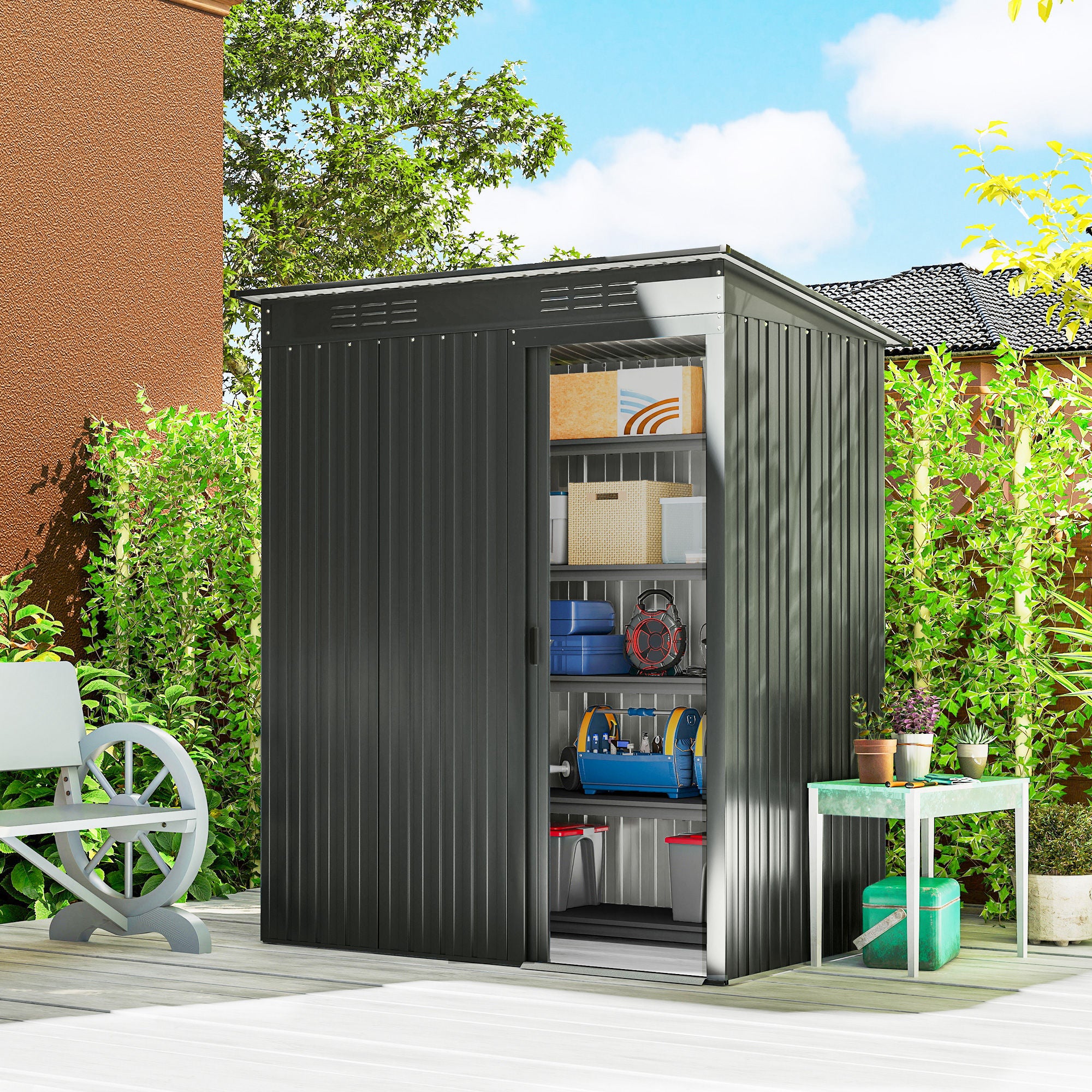 Outsunny 5 x 3.5ft Metal Garden Storage Shed with Effortless Assembly and 2 Pairs of Gloves, Waterproof Outdoor Shed, Dark Grey 
