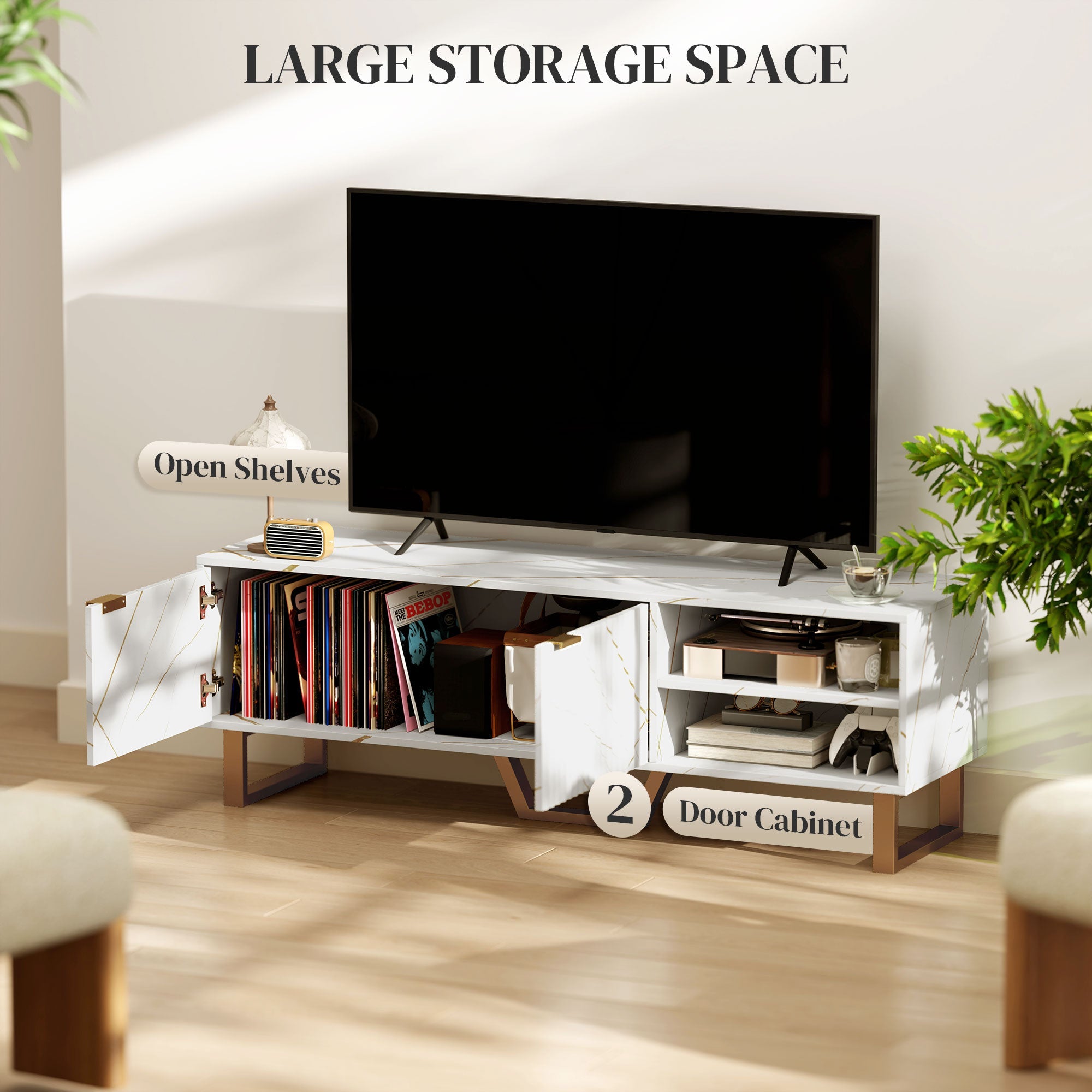HOMCOM Marble Effect TV Unit, TV Stand Cabinet for up to 70" TVs, Modern TV Cabinet with Shelves and Storage Cupboard, Fluted Door, Extra Centre Leg, Cable Management for Living Room, White 