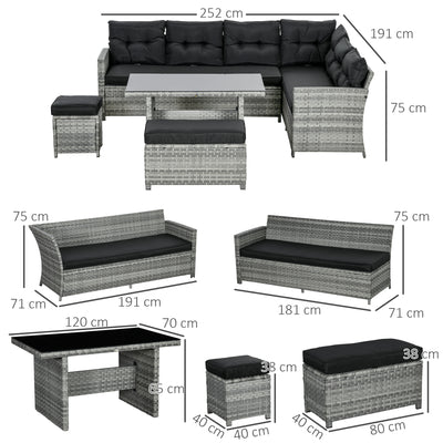 Outsunny 5-Piece Rattan Patio Furniture Set with Corner Sofa, Footstools, Glass Coffee Table, Cushions, Mixed Grey 