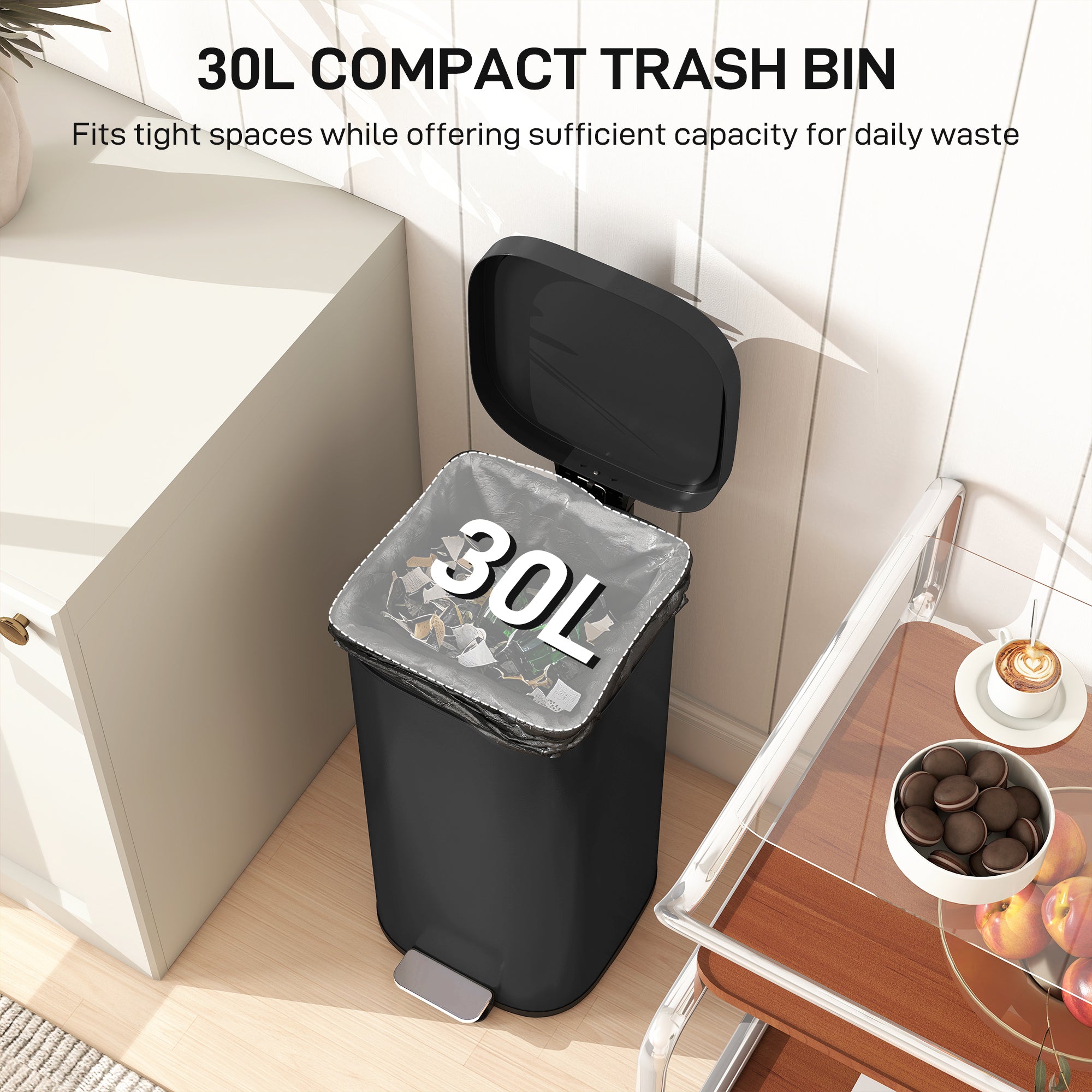 HOMCOM 30L Kitchen Bin, Compact Pedal Bin with Soft-Close and Stay-Open Lid, Removable Bucket for Kitchen, Home, Office, Black 