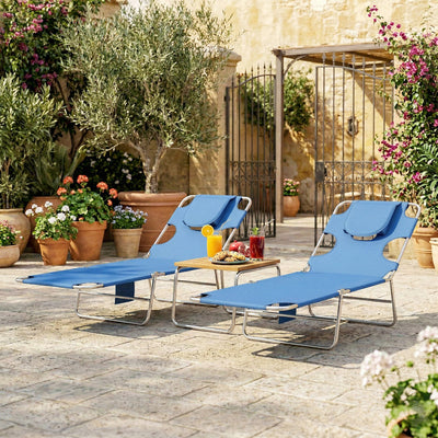 Outsunny 5-Position Adjustable Sun Loungers Set of 2 with Reading Hole and Side Pocket, Blue 