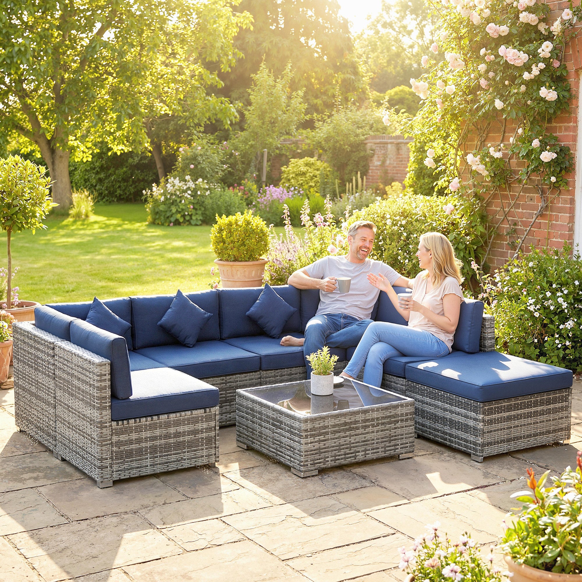 Outsunny 8 Pieces PE Rattan Corner Sofa Set, Outdoor Garden Furniture Set, Patio Wicker Sofa Seater w/ Cushion, Dark Blue 