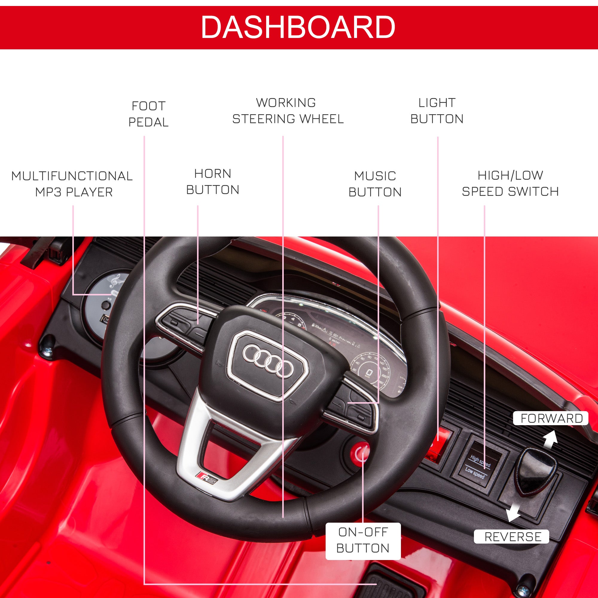 HOMCOM Audi RS Q8 Licensed Electric Car for Kids, 6V Kids' Electric Ride on with Remote Control, 7Ah Big Battery, Lights Bluetooth, Music USB MP3, for 3-5 Years Old, Red 