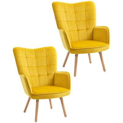 HOMCOM Modern Accent Chair Velvet-Touch Tufted Wingback Armchair Upholstered Leisure Lounge Sofa Club Chair with Wood Legs, Set of 2, Yellow 