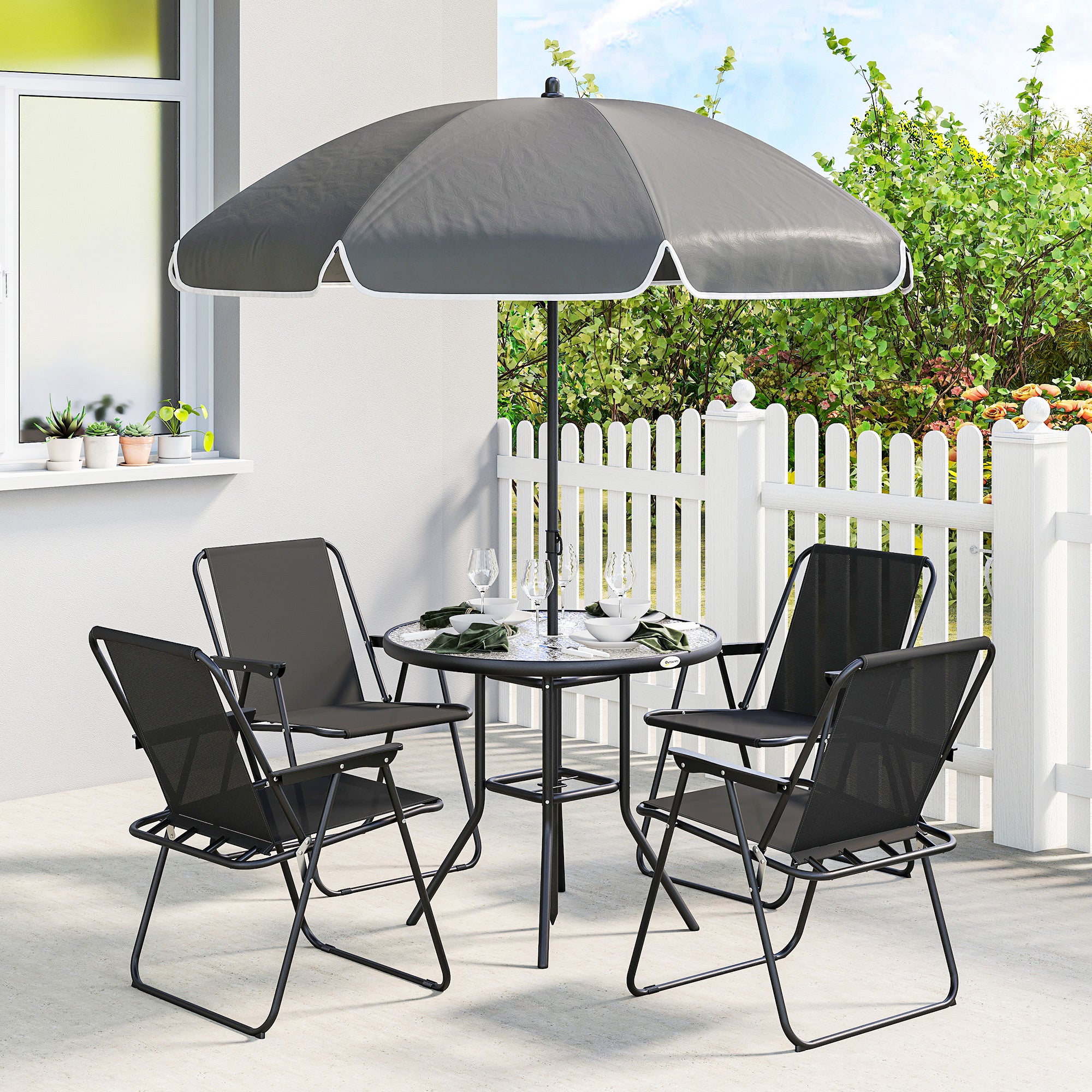 Outsunny 4 Seater Garden Furniture Set, 6 Pieces Garden Table and Chairs with Parasol for Patio, Black 