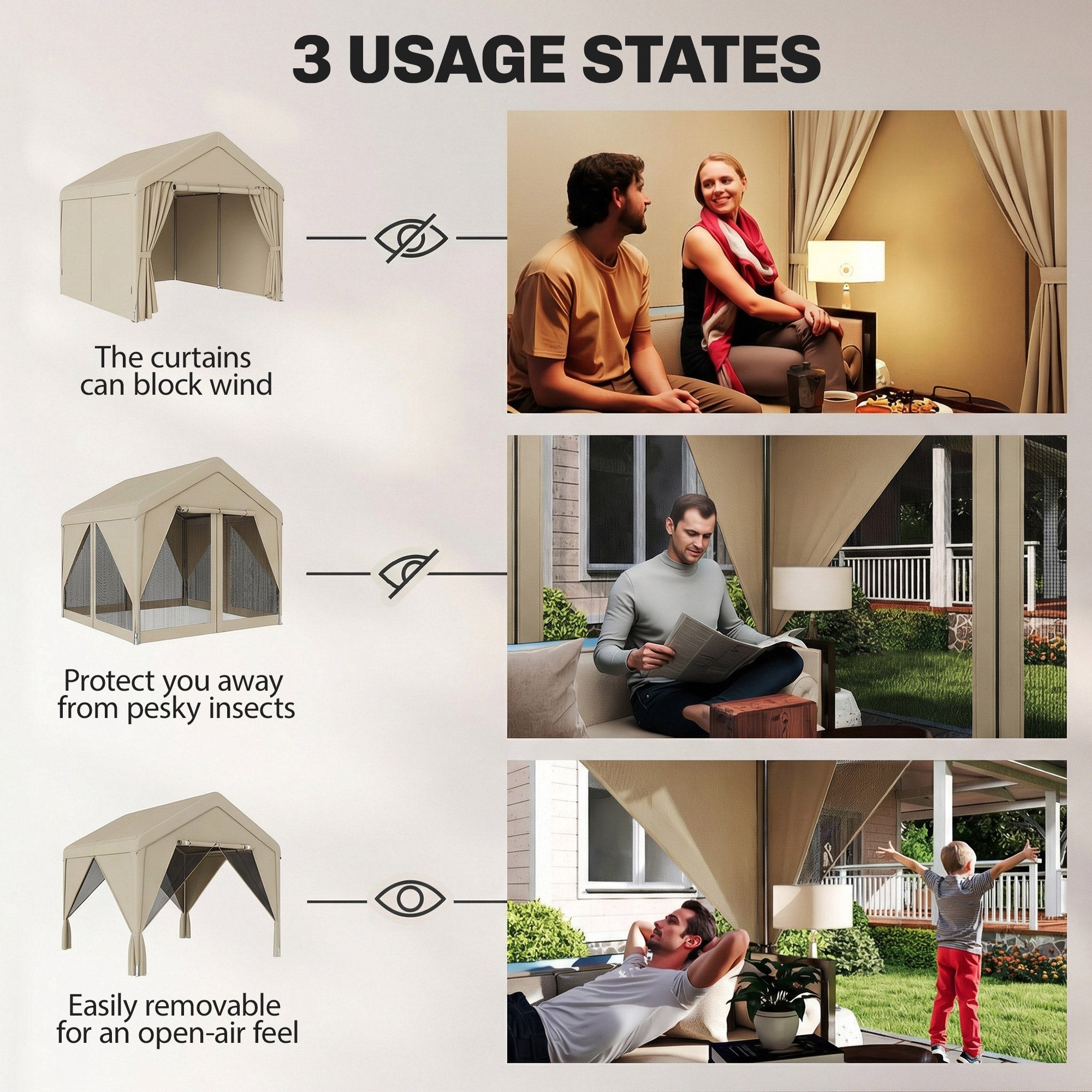 Outsunny 3 x 3 m Patio Gazebo with Netting & Curtains, Outdoor Canopy Shelter with Galvanised Steel Frame, Khaki 