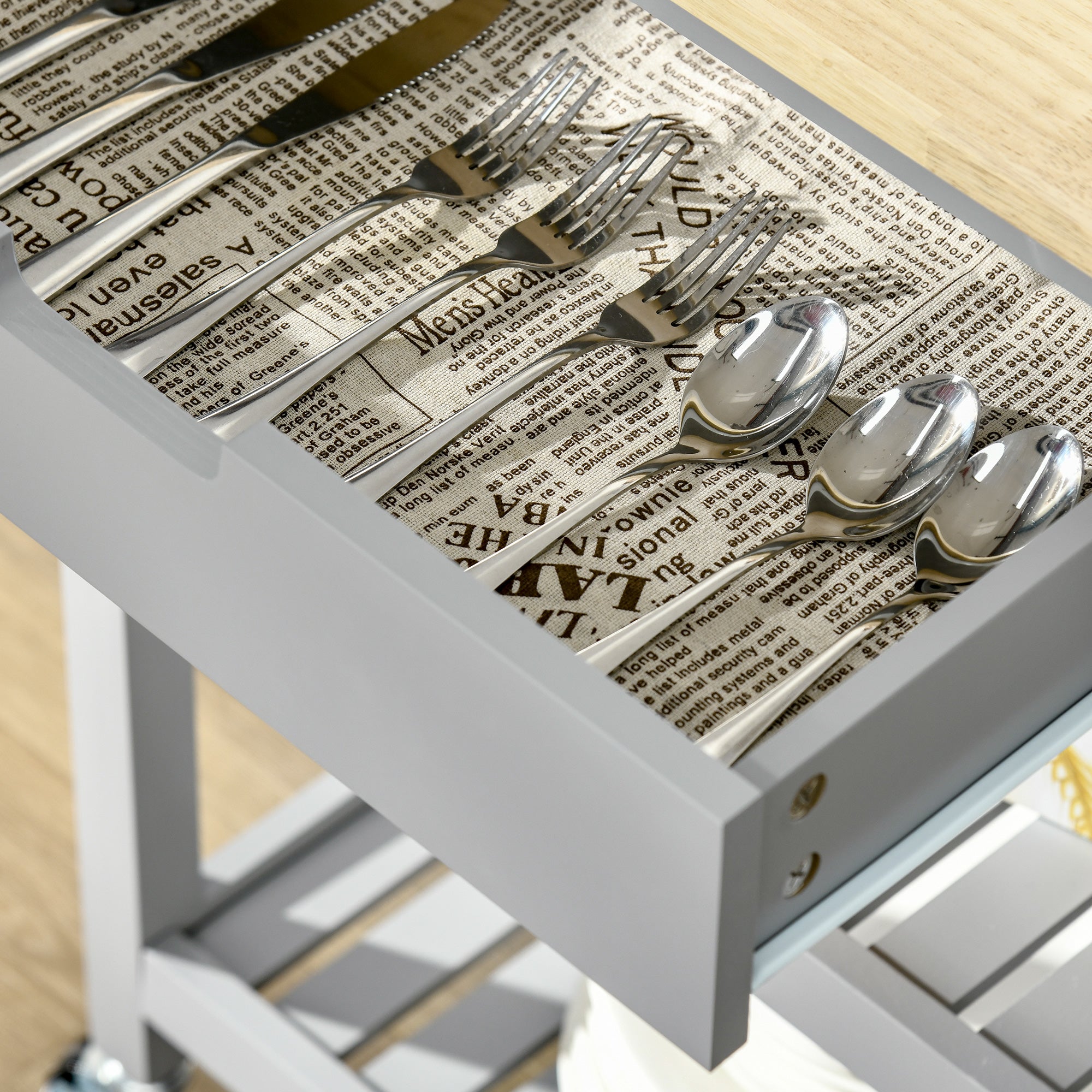 HOMCOM Kitchen Trolley Utility Cart on Wheels with Rubberwood Worktop, Towel Rack, Storage Shelves & Drawer for Dining Room, Grey 