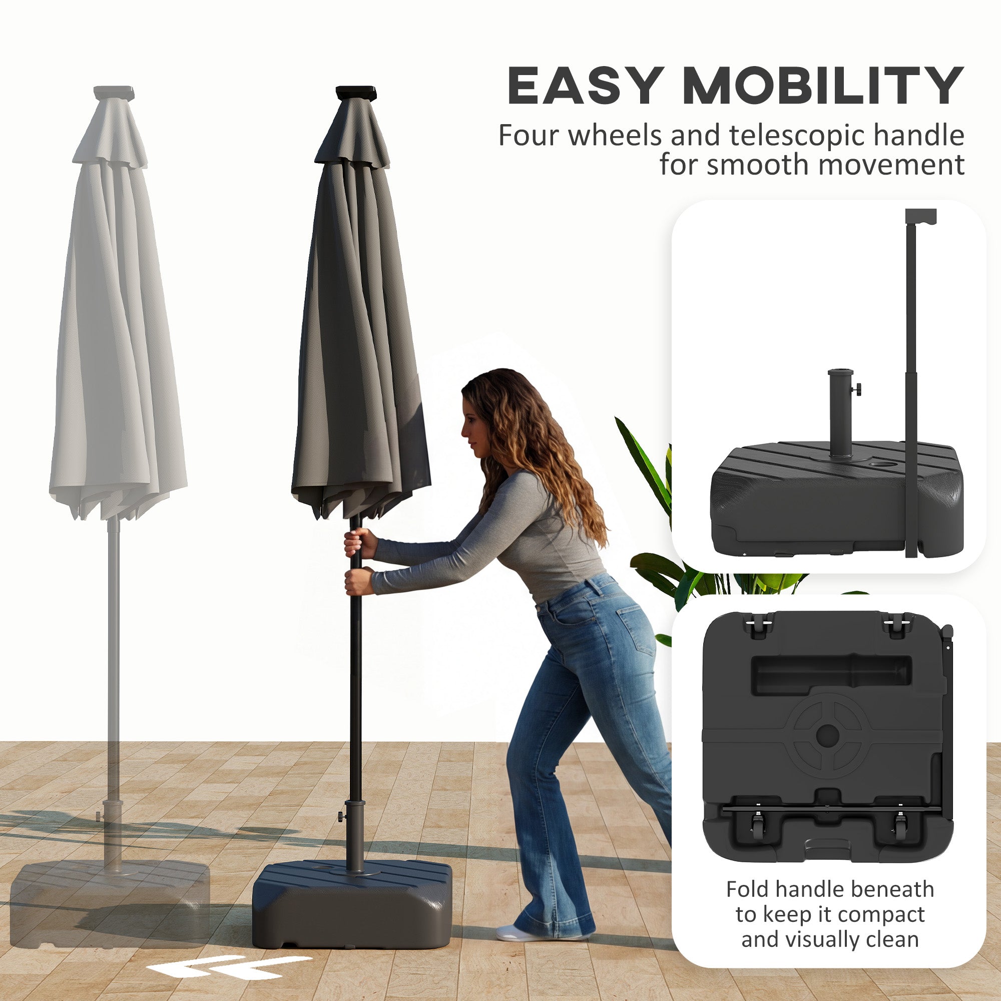 Outsunny Garden Parasol Base with Wheels, Telescopic Handle, 72 kg /45 kg Fillable Sun Umbrella Base Parasol Stand, Black 