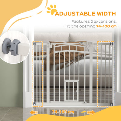 PawHut Pressure Fit Stair Dog Gate w/ Small Cat Door, Automatic Closing Door, Double Locking, for 74-100cm Openings - White 