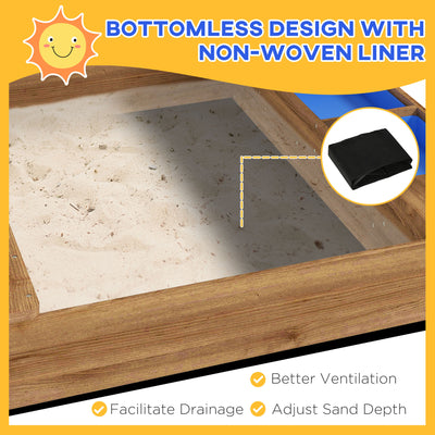 Outsunny House-Designed Wooden Sandbox, Outdoor Sandpit, with Blackboard, Toys, Sink, Seats, Flags, for Ages 3-7 Years - Brown 