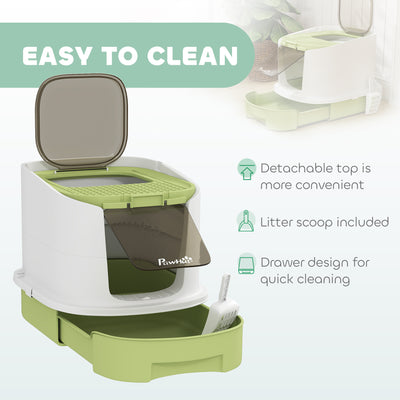 PawHut Cat Litter Box with Lid, Scoop, Deodorisation Bags, Top Entry, Green 
