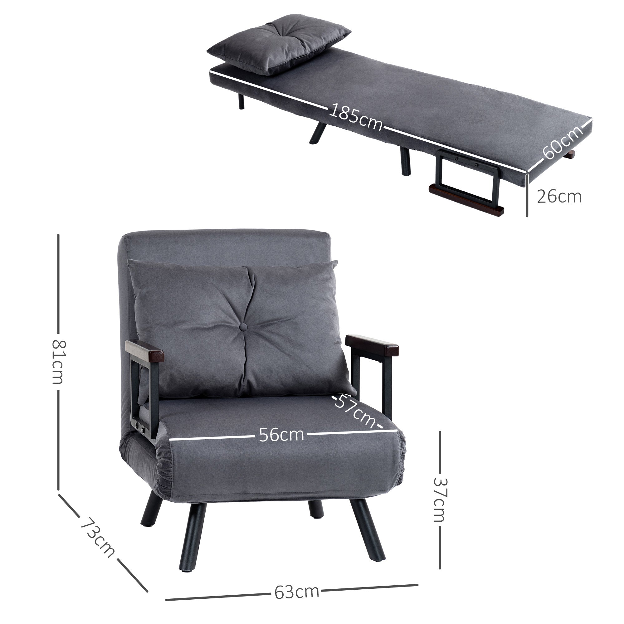 HOMCOM 4-in-1 Velvet-Feel Single Chair Bed, with Pillow - Charcoal Grey 