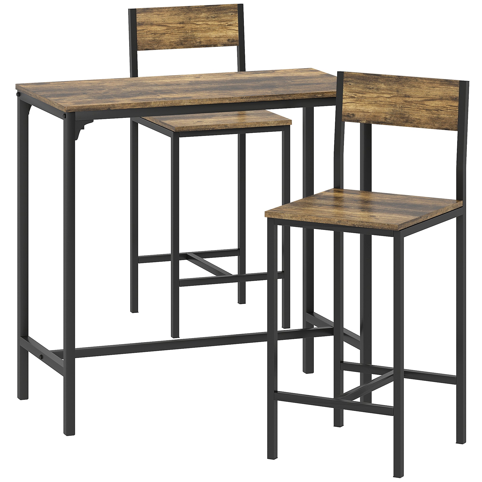 HOMCOM 3-Piece Bar Table Set with 2 Stools, Industrial Breakfast Bar Set with Footrest, Backrest for Dining Room, Small Space 