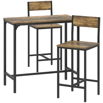 HOMCOM 3-Piece Bar Table Set with 2 Stools, Industrial Breakfast Bar Set with Footrest, Backrest for Dining Room, Small Space 