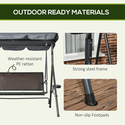 Outsunny 3 Seater Swing Chair, Garden Swing Seat Bench with Adjustable Canopy, Rattan Seat, and Steel Frame for Patio, Yard 