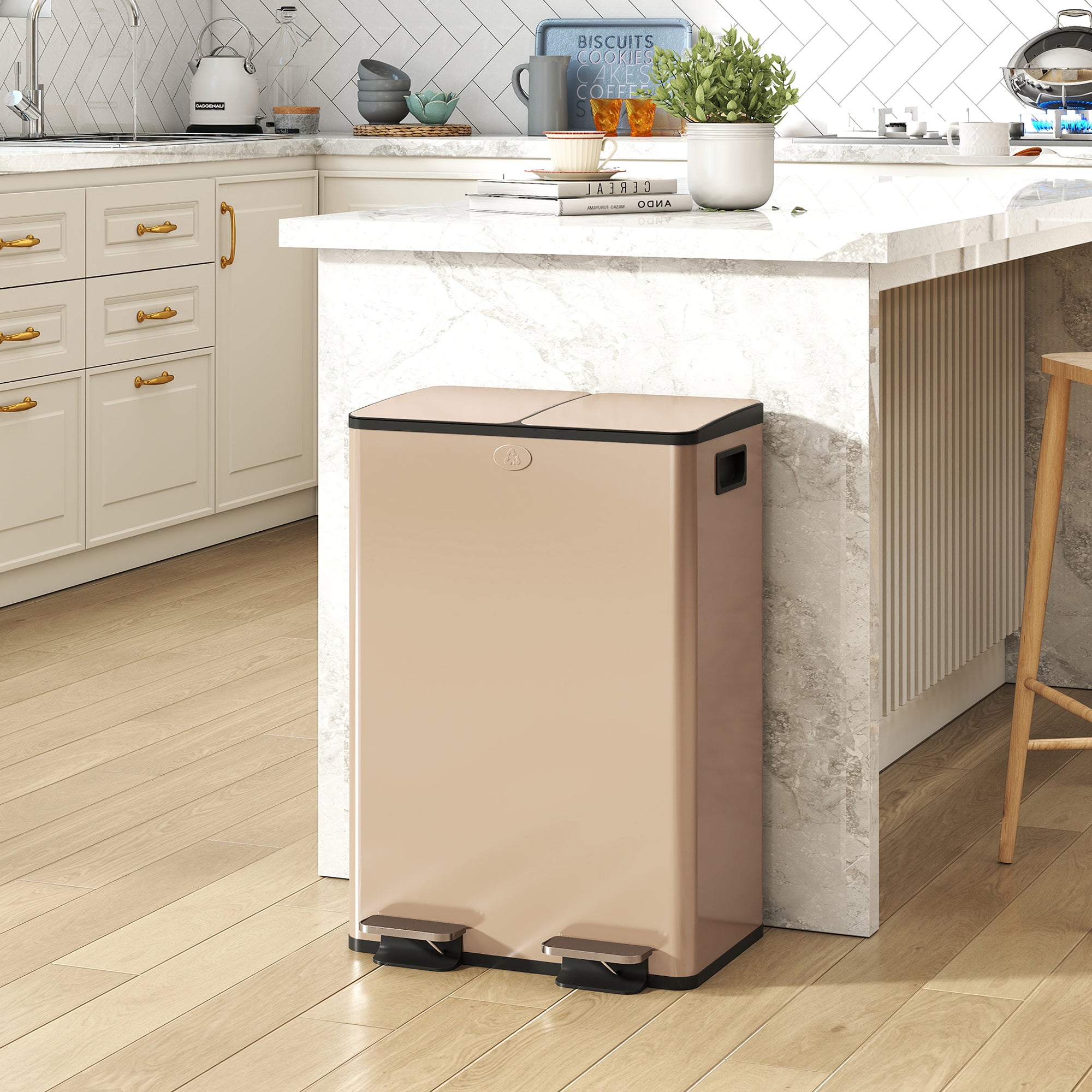 HOMCOM 56L Dual Compartment Stainless Steel Bin, with Deodoriser Holders - Gold Tone 