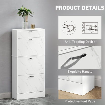 HOMCOM Marble Shoe Storage Cabinet with 3 Flip Drawers, Hallway Cabinet with Top Drawer and Adjustable Shelves, Shoe Cupboard for 18 Pairs, White 