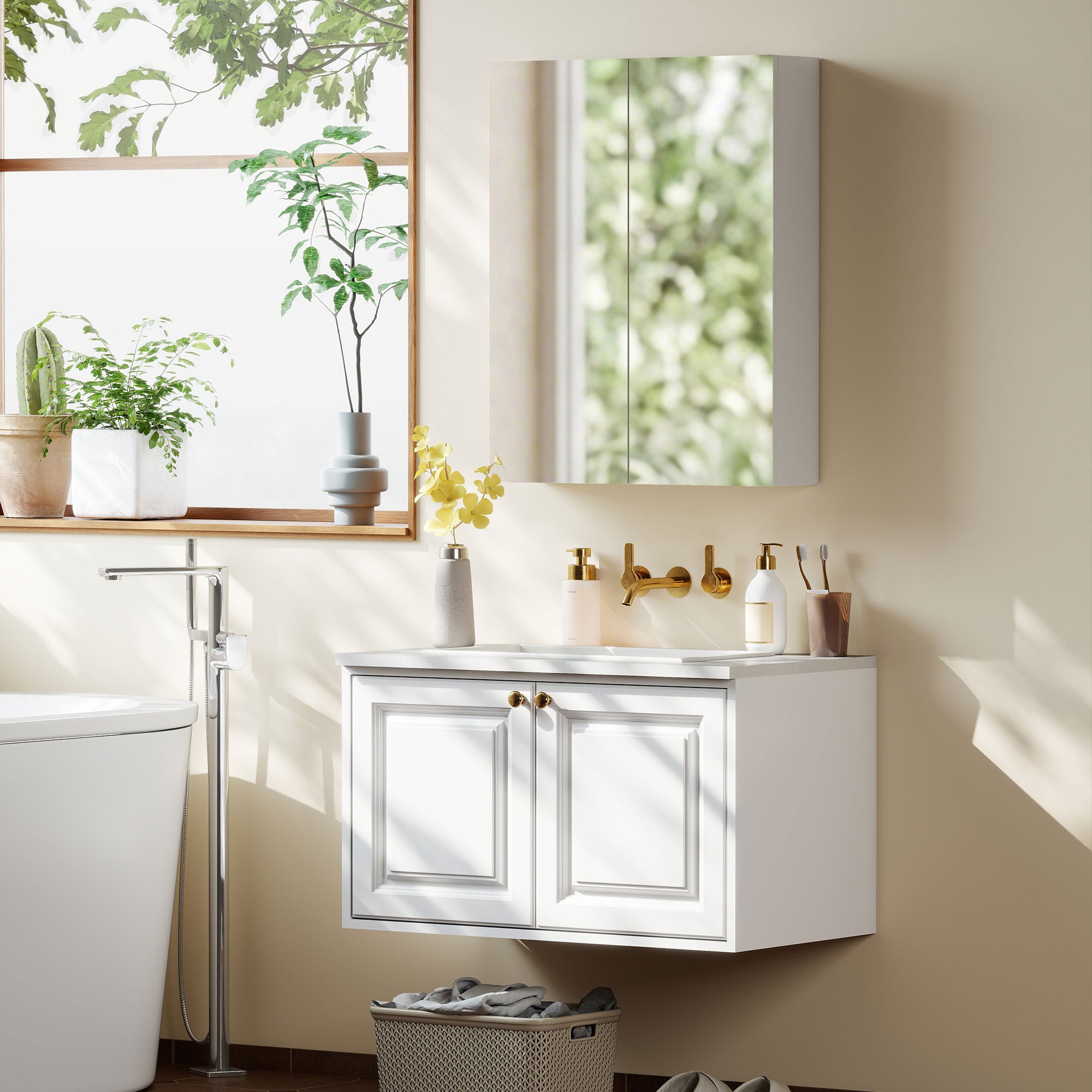 HOMCOM Wall Mounted Bathroom Mirror Storage Cabinet w/ Door Adjustable Shelf, White 