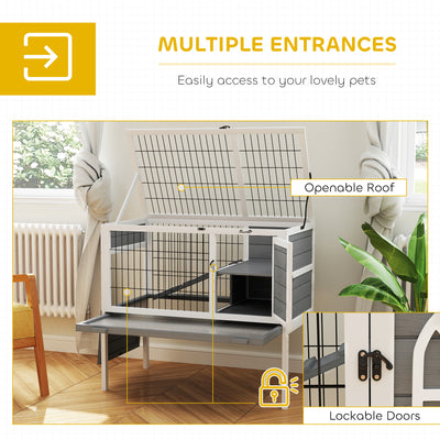 PawHut Wooden Rabbit Hutch, Guinea Pig Cage, with Removable Tray, Openable Roof, Grey 